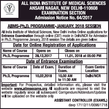 aiims phd notification