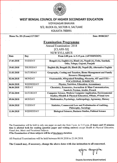 12 class www.exam routine Date Time Exam Board HS WB Bengal 2018: Table 12th West