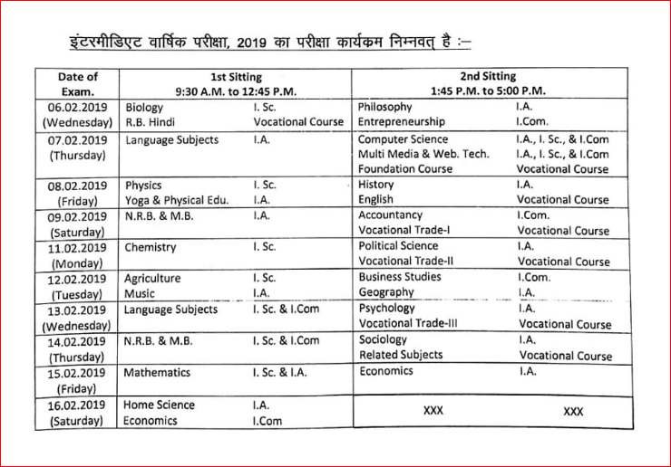 Bihar Board 12th Time Table 2019: biharboard.ac.in Bihar Intermediate