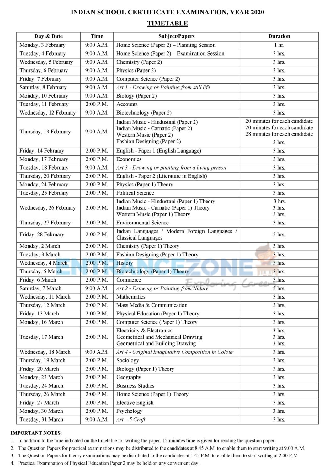 ISC 12th Date Sheet 2020: CISCE Board Time Table @ cisce.org - Admissions