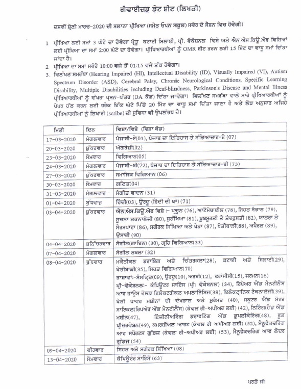 Pseb Class 10th Time Table 2020 Punjab 10th Date Sheet Pseb Ac