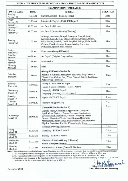 ICSE 10th Time Table 2025 