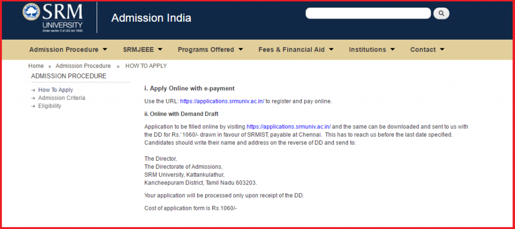 SRMJEEE 2020 Application Form Available From 12 October 2019