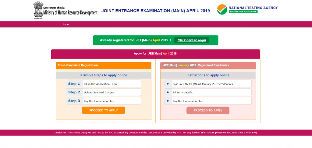 Jee Main 2019 Application Form April Nta Information Brochure Pdf